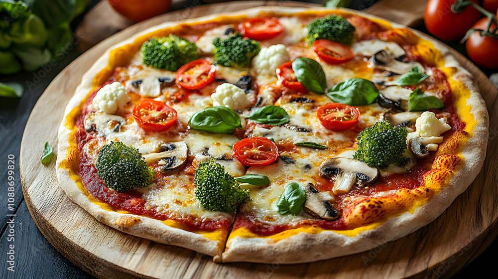 Close-up of a Delicious Veggie Pizza with Mushrooms, Broccoli, Cauliflower, Tomatoes, and Basil, Served on a Wooden Board Close-up of a Delicious Veggie Pizza with Mushrooms, Broccoli, Cauliflower, Tomatoes, and Basil, Served on a Wooden Board