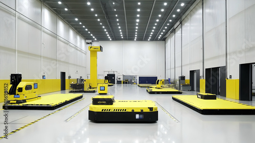 Automated Guided Vehicles Operate in Modern Warehouse Setting, showcasing efficient logistics and innovative technology.