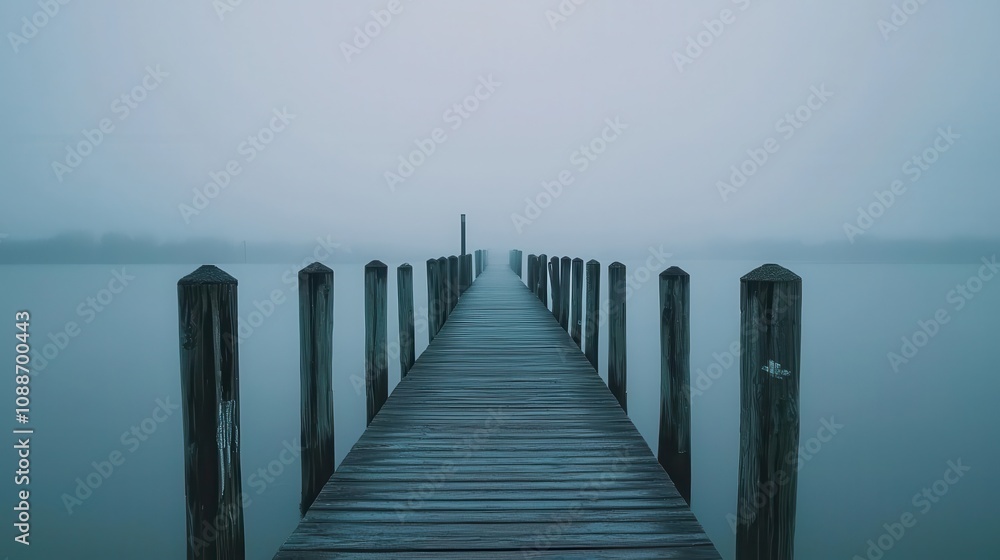 Fototapeta premium Misty walkway at dawn tranquil lake nature photography foggy atmosphere serene viewpoint