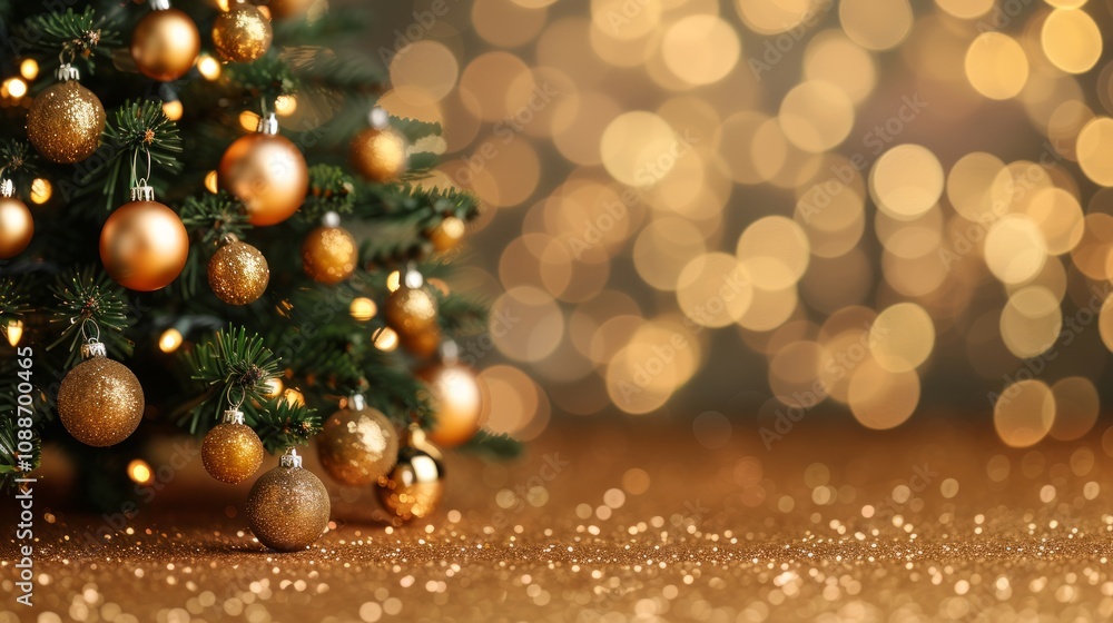 Glimmering Christmas tree with golden ornaments. Glimmering Christmas tree with golden ornaments.