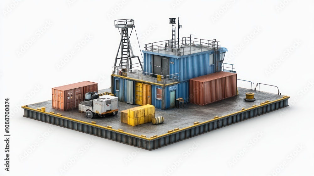 A small industrial loading dock with containers, a building, and equipment for operations. A small industrial loading dock with containers, a building, and equipment for operations.