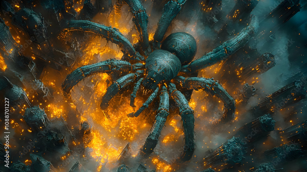Giant Spider Monster Destroys City in Flames: Epic Fantasy Artwork Giant Spider Monster Destroys City in Flames: Epic Fantasy Artwork