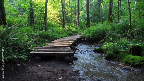 Wooden bridge over stream in lush forest nature scene tranquil photo