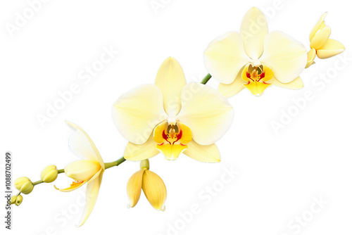 vanilla flower, exotic yellow orchid flowers on isolated white, botanical painting, watercolor illustration, tropical flora, Generative AI