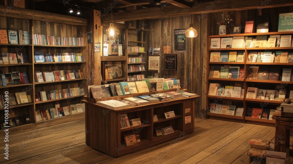 Cozy and Inviting Independent Bookstore Interior with Wooden Shelves, Warm Lighting, and a Central Display Table Surrounded by Books Cozy and Inviting Independent Bookstore Interior with Wooden Shelves, Warm Lighting, and a Central Display Table Surrounded by Books