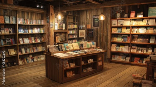 Cozy and Inviting Independent Bookstore Interior with Wooden Shelves, Warm Lighting, and a Central Display Table Surrounded by Books