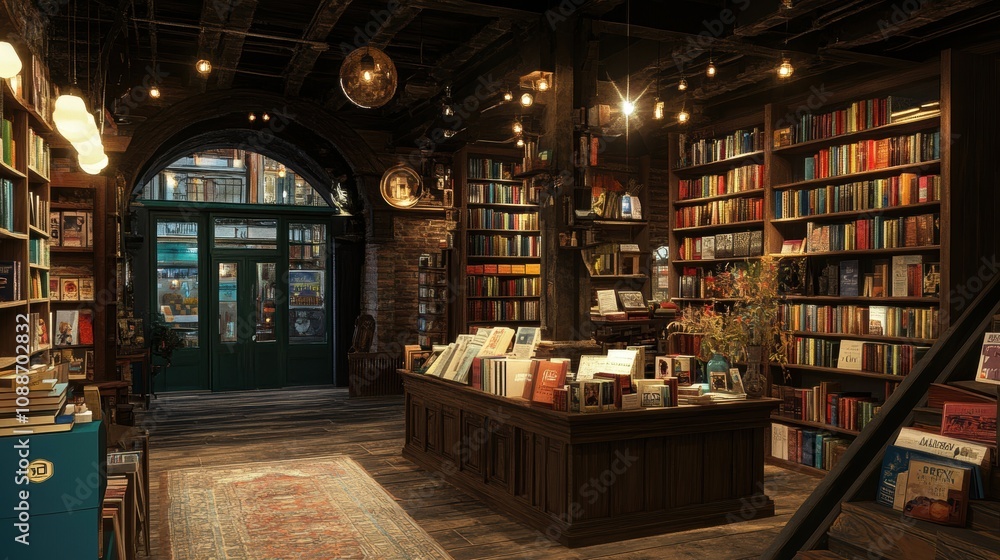 Cozy and Inviting Indoor Bookstore with Wooden Shelves Filled with Colorful Books, Warm Lighting, Unique Decor, and a Charming Atmosphere for Book Lovers