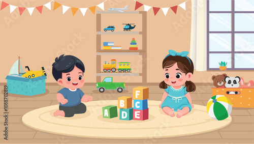 kids toddlers playing with blocks toys illustration