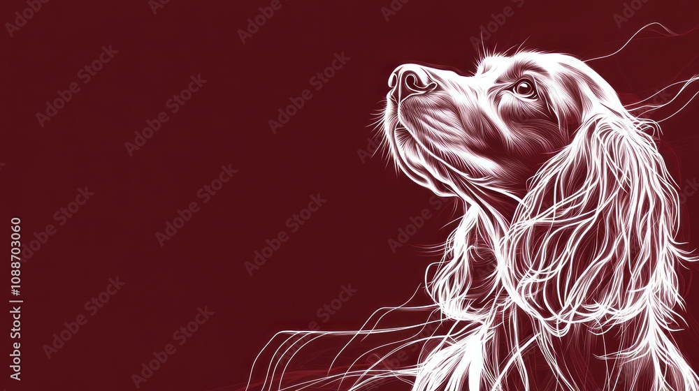 A stylized illustration of a dog's profile against a deep red background. A stylized illustration of a dog's profile against a deep red background.
