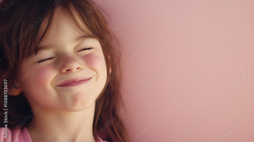 A smiling girl with closed eyes against a pink background. A smiling girl with closed eyes against a pink background.