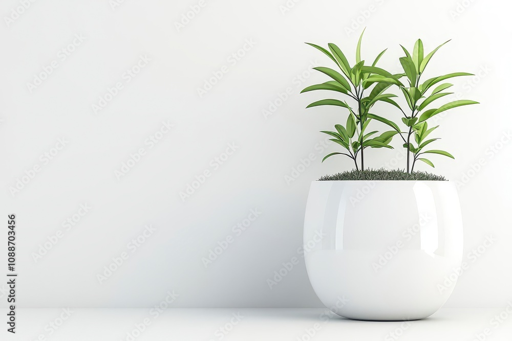 A modern white pot with lush green plants, set against a minimalist background, adds a touch of nature to the space. A modern white pot with lush green plants, set against a minimalist background, adds a touch of nature to the space.
