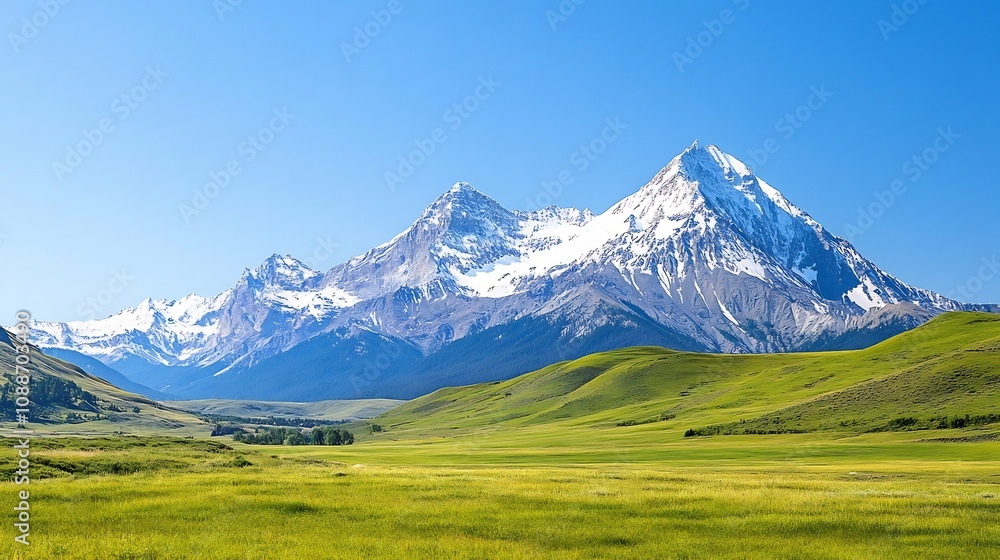 Expansive Green Landscape with Majestic Snow Capped Mountains in the Distance Expansive Green Landscape with Majestic Snow Capped Mountains in the Distance