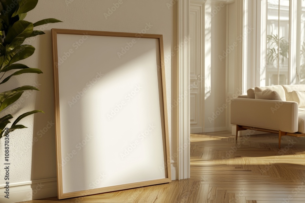 poster mockup with a wooden frame leaning against the wall in a classy appartement poster mockup with a wooden frame leaning against the wall in a classy appartement