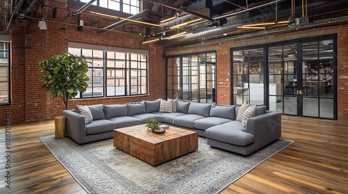 Modern sectional sofa in a spacious, industrial-style loft office lounge.