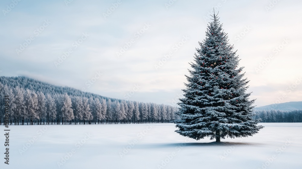 Obraz premium Snowy Christmas Tree in Winter Wonderland Landscape