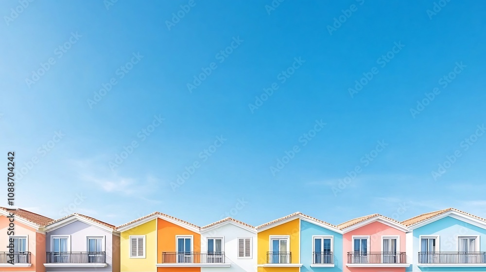 Vibrant Rows of Colorful Townhouses with Clear Skies in a Peaceful Suburban Neighborhood Vibrant Rows of Colorful Townhouses with Clear Skies in a Peaceful Suburban Neighborhood