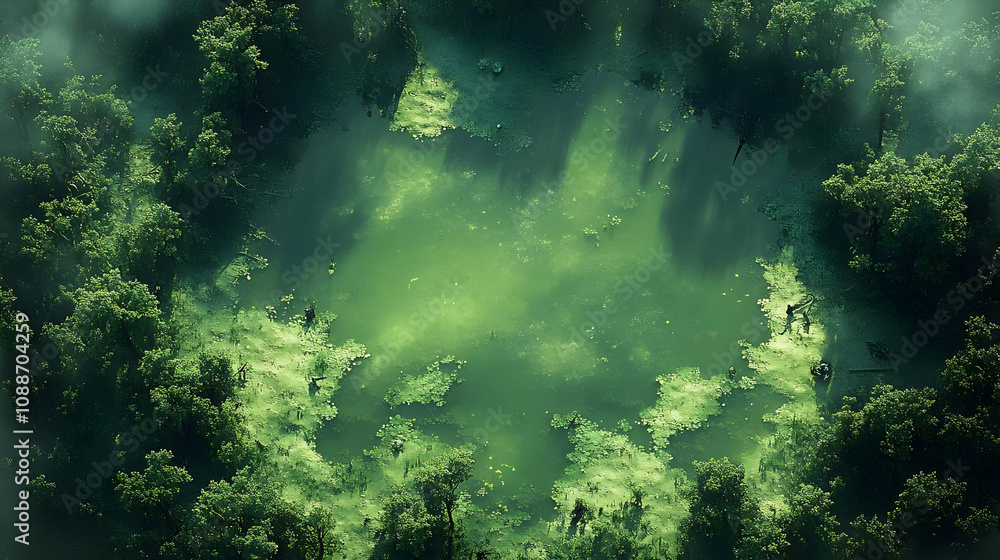 Fototapeta premium Aerial View: Lush Green Pond in Forest, Serene Nature