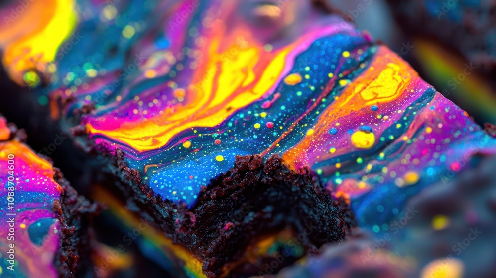 Fototapeta premium A close-up of a cosmic brownie with vibrant colors and galactic designs, perfect for desserts
