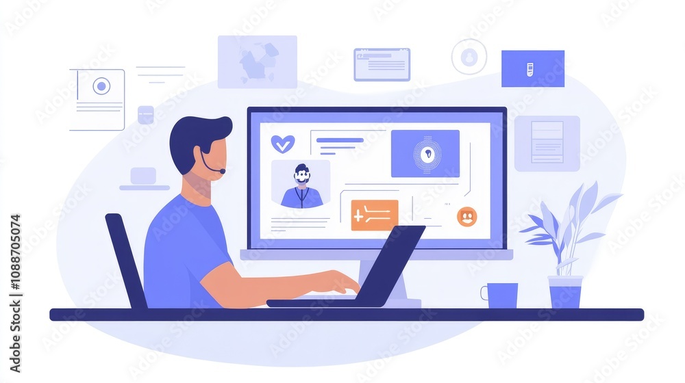 A man interacting with AI-powered medical icons on his laptop, showcasing the integration of advanced technology in the healthcare industry. A man interacting with AI-powered medical icons on his laptop, showcasing the integration of advanced technology in the healthcare industry.