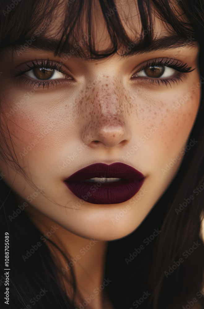 lose-up of an attractive woman with dark hair and burgundy lipstick, looking straight into the camera, with a fashion magazine cover aesthetic. lose-up of an attractive woman with dark hair and burgundy lipstick, looking straight into the camera, with a fashion magazine cover aesthetic.