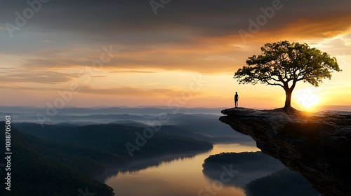 Fototapeta Naklejka Na Ścianę i Meble -  A determined person standing at the edge of a cliff, gazing at the vast horizon with the sun rising behind them, symbolizing seizing opportunities and embracing new challenges. Ultra-Realistic, 