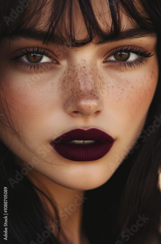 lose-up of an attractive woman with dark hair and burgundy lipstick, looking straight into the camera, with a fashion magazine cover aesthetic.