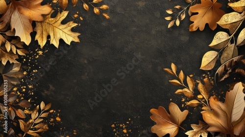 Luxury Gole autumn background vector. Autumn seasonal wall paper design with oak leaf, vine maple and golden texture. Vector illustration. photo