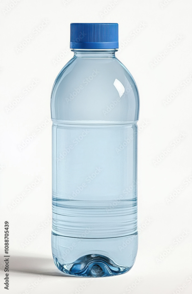 Clear plastic water bottle with blue cap, isolated on white background. Perfect for hydration and fitness Clear plastic water bottle with blue cap, isolated on white background. Perfect for hydration and fitness