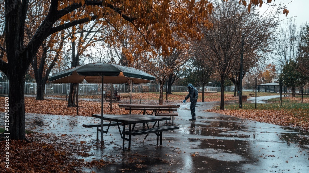 A person wiping down wet benches and a picnic table in the rain at a park, capturing the quiet, peaceful moments after a shower. A person wiping down wet benches and a picnic table in the rain at a park, capturing the quiet, peaceful moments after a shower.
