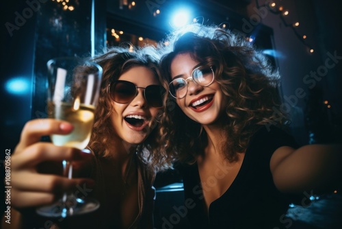 Making selfie glasses party champagne.
