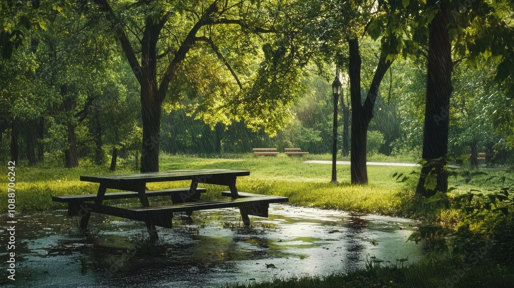 A serene park scene with a picnic table and wet benches, being wiped down after a rain, with the lingering freshness of nature post-storm. A serene park scene with a picnic table and wet benches, being wiped down after a rain, with the lingering freshness of nature post-storm.