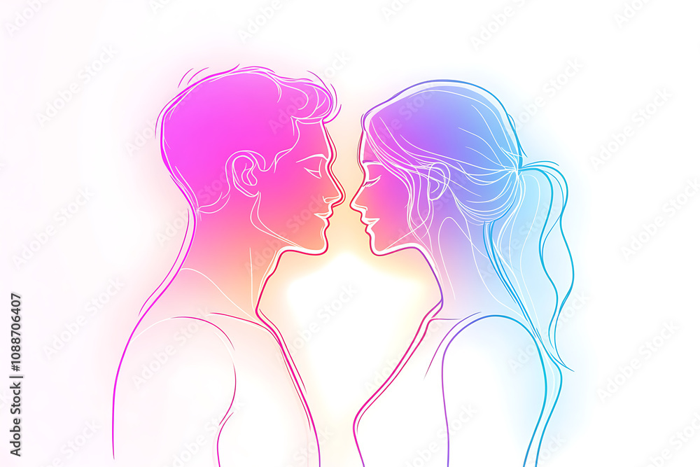 White and neon outline of a couple in love, illustration, showcasing minimalistic and romantic design with vibrant highlights. White and neon outline of a couple in love, illustration, showcasing minimalistic and romantic design with vibrant highlights.