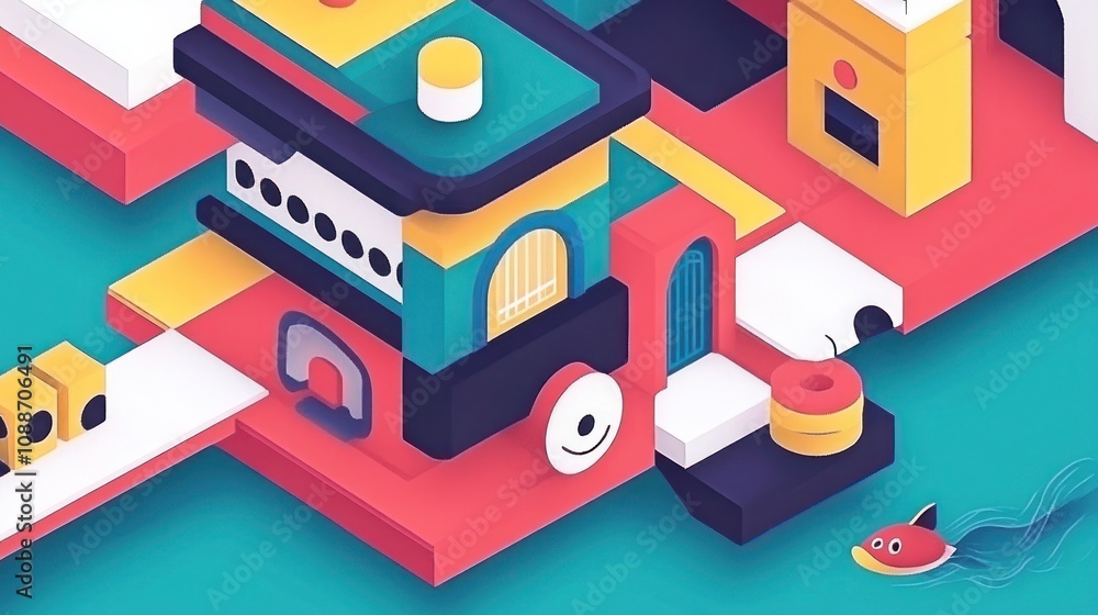 Fototapeta premium Abstract isometric illustration of a city with colorful buildings, geometric shapes, and a fish swimming in the foreground.