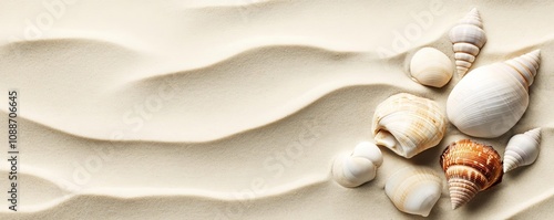 Textured shot of sandy beach with shells, warm beige tones, fine grains, natural light