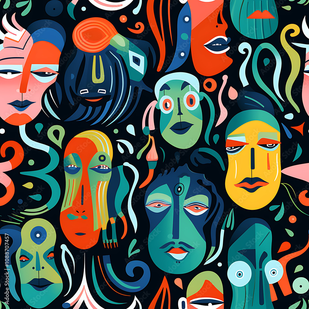 Face art, seamless pattern, the art of colorful faces is limitless Face art, seamless pattern, the art of colorful faces is limitless