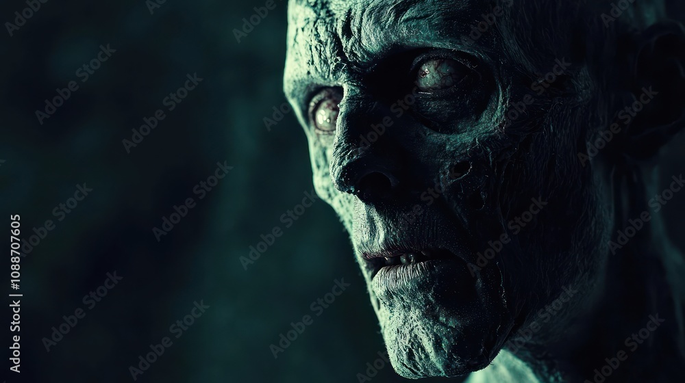 A close-up of a menacing zombie with decaying features, set against a dark, atmospheric background A close-up of a menacing zombie with decaying features, set against a dark, atmospheric background