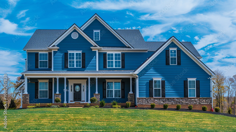A majestic sapphire blue house adorned with siding and shutters stands proudly on a large lot in the suburban subdivision, commanding attention against the vibrant blue sky.