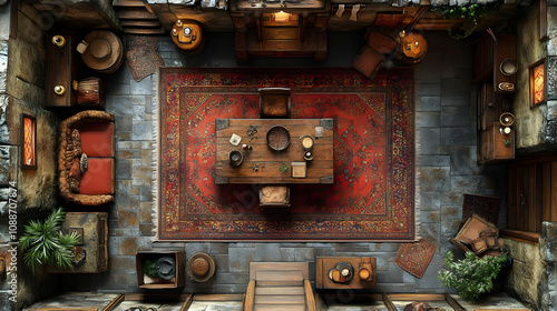 Medieval Room Design: Top-Down View of a Rustic Interior with Stone Walls and a Richly Colored Rug, Featuring Antique Furniture and Decor