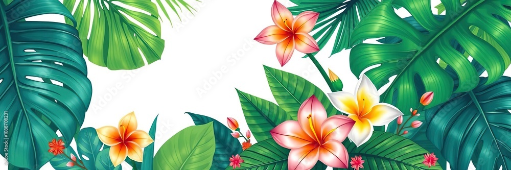 Illustration of a tropical leaf and flower arrangement, serene, minimalist, earthy Illustration of a tropical leaf and flower arrangement, serene, minimalist, earthy