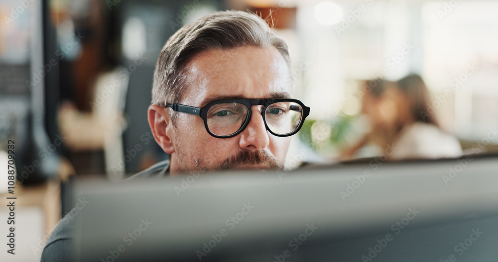 Glasses, reading and computer with business man in office for planning, thinking or company newsletter. Website designer, vision and online with mature person in creative startup for proposal idea Glasses, reading and computer with business man in office for planning, thinking or company newsletter. Website designer, vision and online with mature person in creative startup for proposal idea