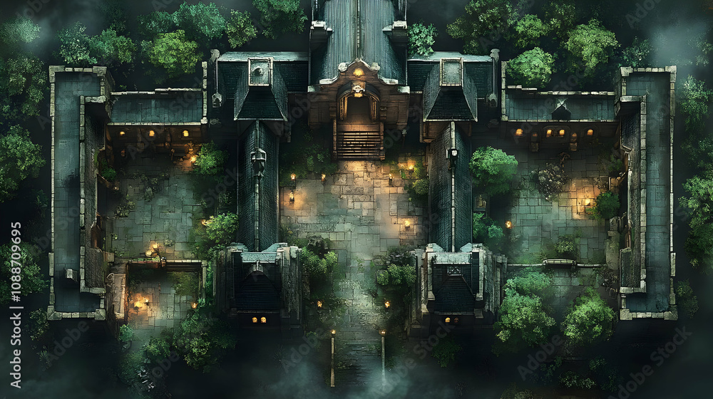 Explore Mysterious Castle Courtyard: Aerial View of Ancient Ruins, Overgrown with Nature's Embrace Explore Mysterious Castle Courtyard: Aerial View of Ancient Ruins, Overgrown with Nature's Embrace