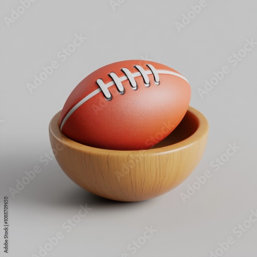 American Football in Wooden Bowl on Gray Background