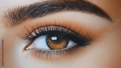 Detailed view of a woman eye with ultra-long lashes and beautifully defined brows, creating a chic, sophisticated expression.