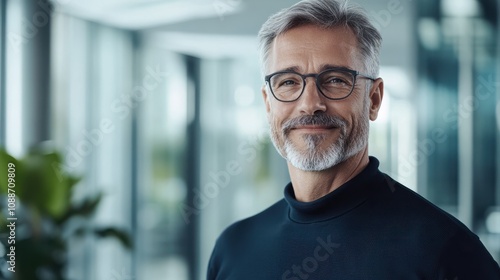 Portrait of a glad man in his 50s showing off a lightweight base layer against a sophisticated corporate office background. AI Generation