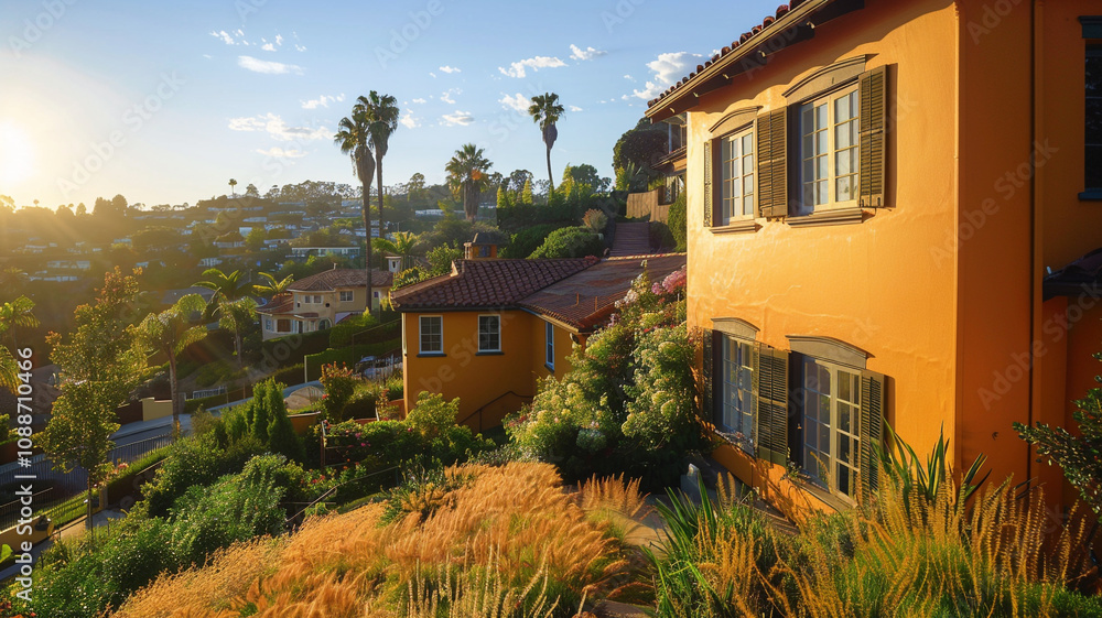 A panoramic view from a hillside reveals the sunny tangerine-colored house with traditional windows and shutters, standing out against the lush greenery of the suburban neighborhood, A panoramic view from a hillside reveals the sunny tangerine-colored house with traditional windows and shutters, standing out against the lush greenery of the suburban neighborhood,
