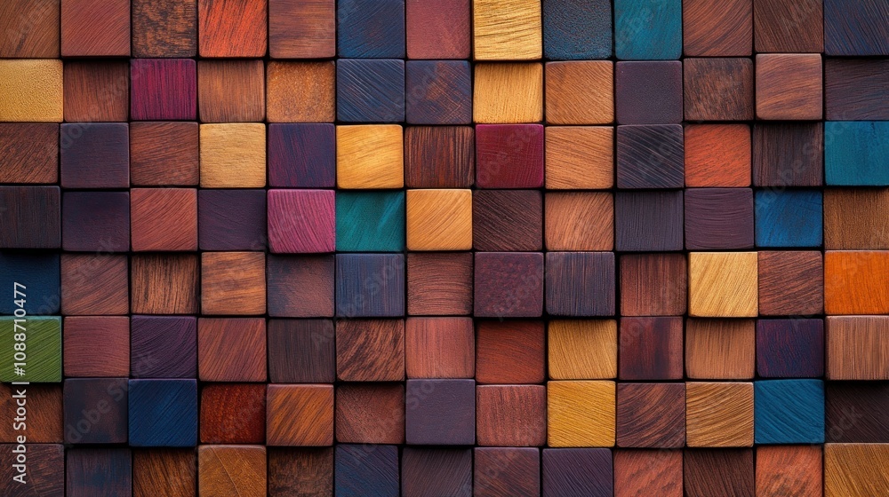 Wooden blocks of different colors and textures arranged in an intricate pattern, creating a vibrant background with a rustic feel. The texture is detailed and textured to mimic the look of aged wood. Wooden blocks of different colors and textures arranged in an intricate pattern, creating a vibrant background with a rustic feel. The texture is detailed and textured to mimic the look of aged wood.