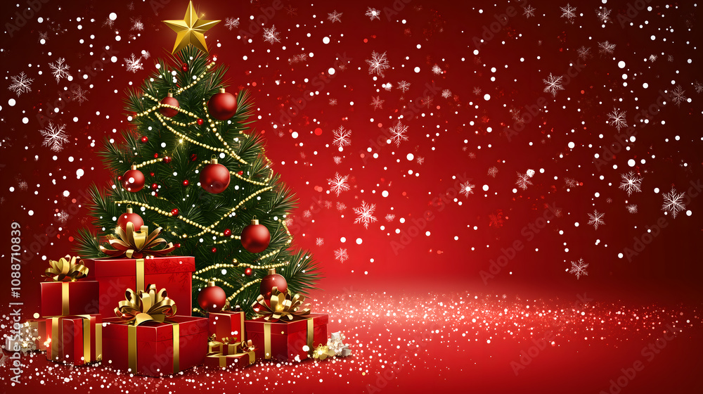 Christmas greetings vector background design. Christmas greeting text with fir tree and gift box ornaments and decorative elements on red elegant background.
Christmas greetings vector background design. Christmas greeting text with fir tree and gift box ornaments and decorative elements on red elegant background.