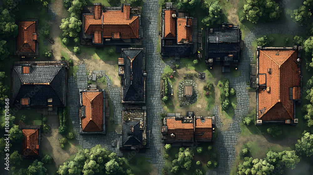 Explore Charming Village: Medieval Town Aerial View, Stone Streets, Cozy Homes Explore Charming Village: Medieval Town Aerial View, Stone Streets, Cozy Homes