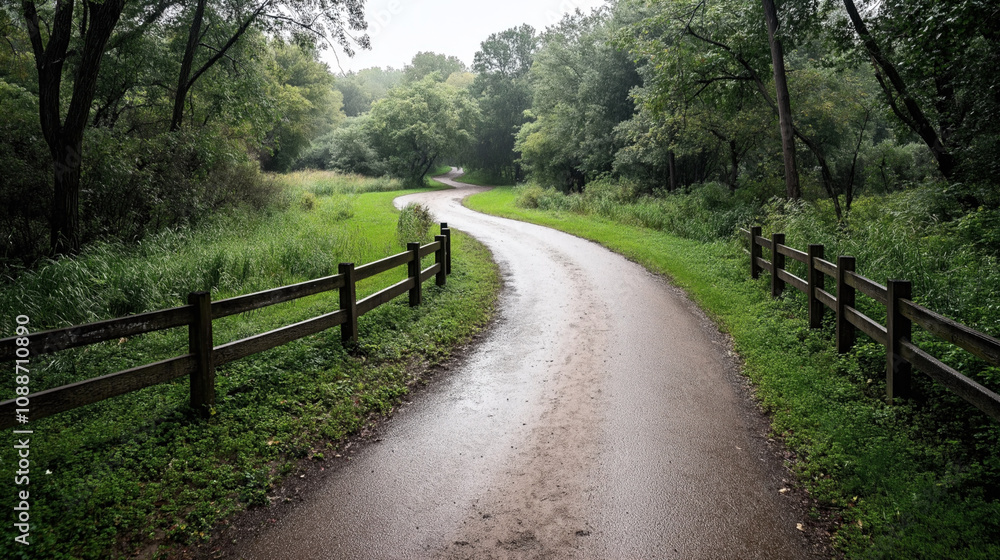 Curved path in a lush green forested area with wet ground and wooden fences on both sides under cloudy sky. Curved path in a lush green forested area with wet ground and wooden fences on both sides under cloudy sky.