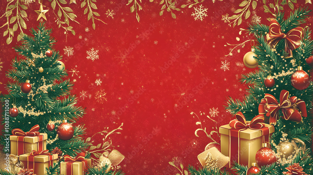 Christmas greetings vector background design. Christmas greeting text with fir tree and gift box ornaments and decorative elements on red elegant background.
Christmas greetings vector background design. Christmas greeting text with fir tree and gift box ornaments and decorative elements on red elegant background.